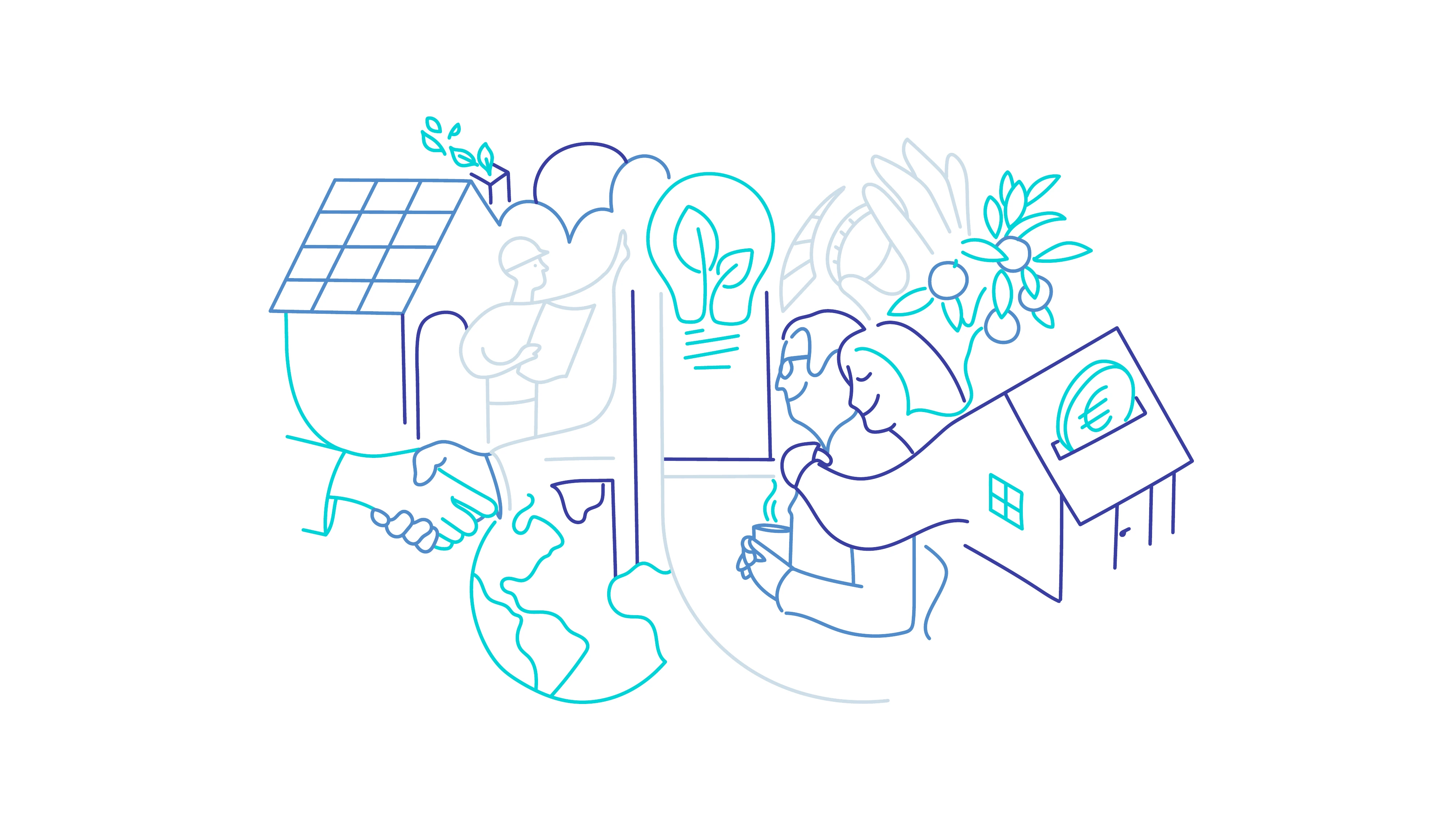 Illustration représentant l’entraide, la planète et la rénovation durable