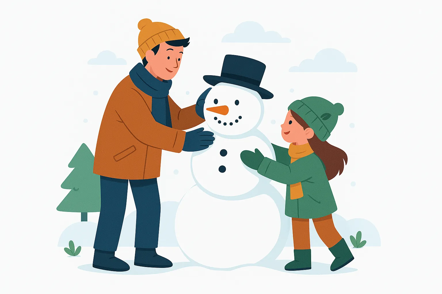 Famille construisant un bonhomme de neige, symbole de transmission et de durabilité